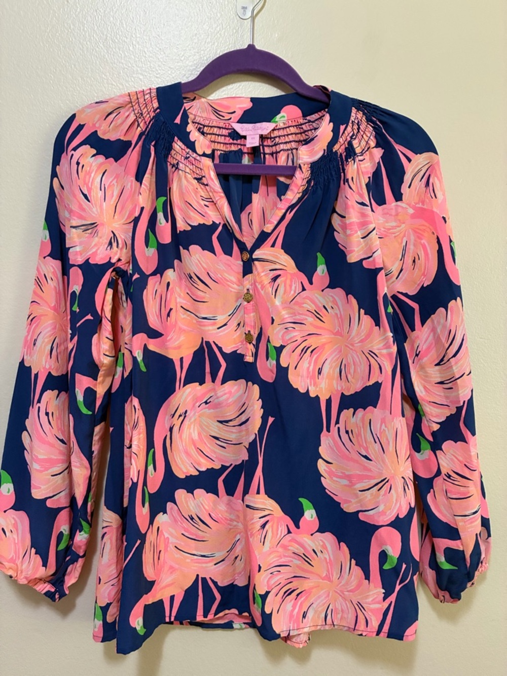 Lilly Pulitzer Elsa Top Pink Flamingo Print Long-Sleeve Silk size xs